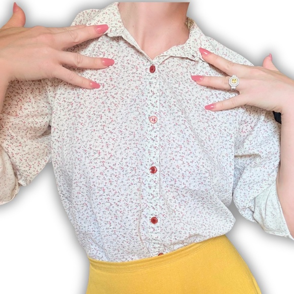 Vintage Fall Floral Button Down (Size XS / S), Cream & Burgundy, Soft Cottage - Picture 1 of 8